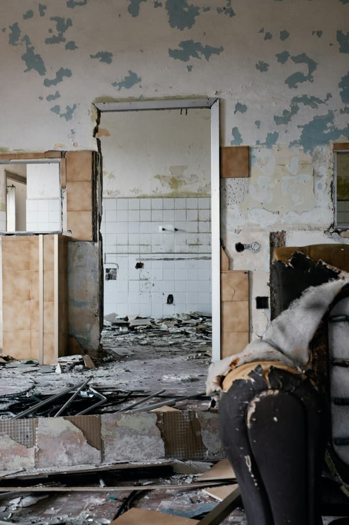 Water-damaged interior after a flood